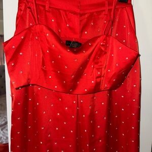 Elegant Rhinestone-embellished satin pants and top. Bright red color.